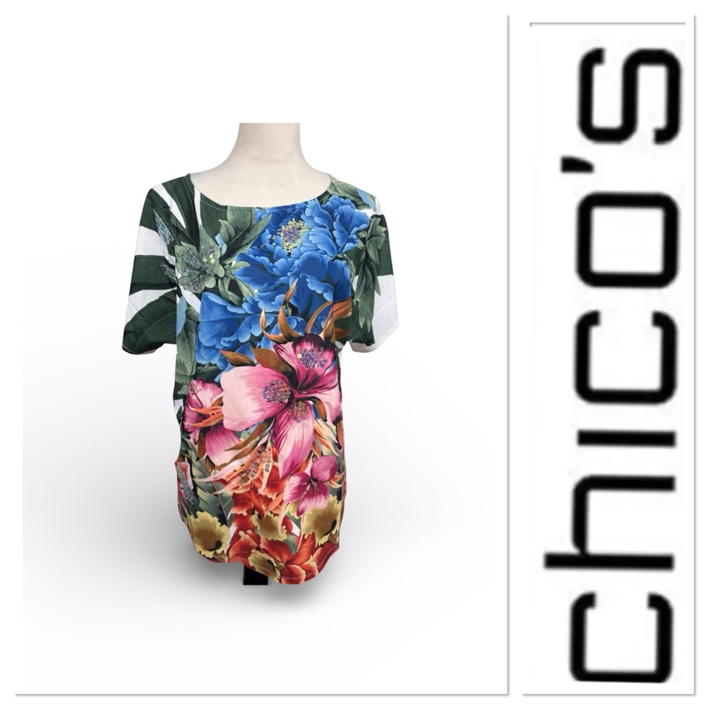 NWT Chico’s tropical print white t-shirt artist series size 1-medium/8